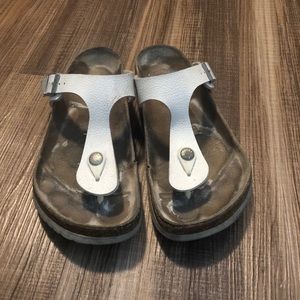 White Birkenstock leather T strap sandals
